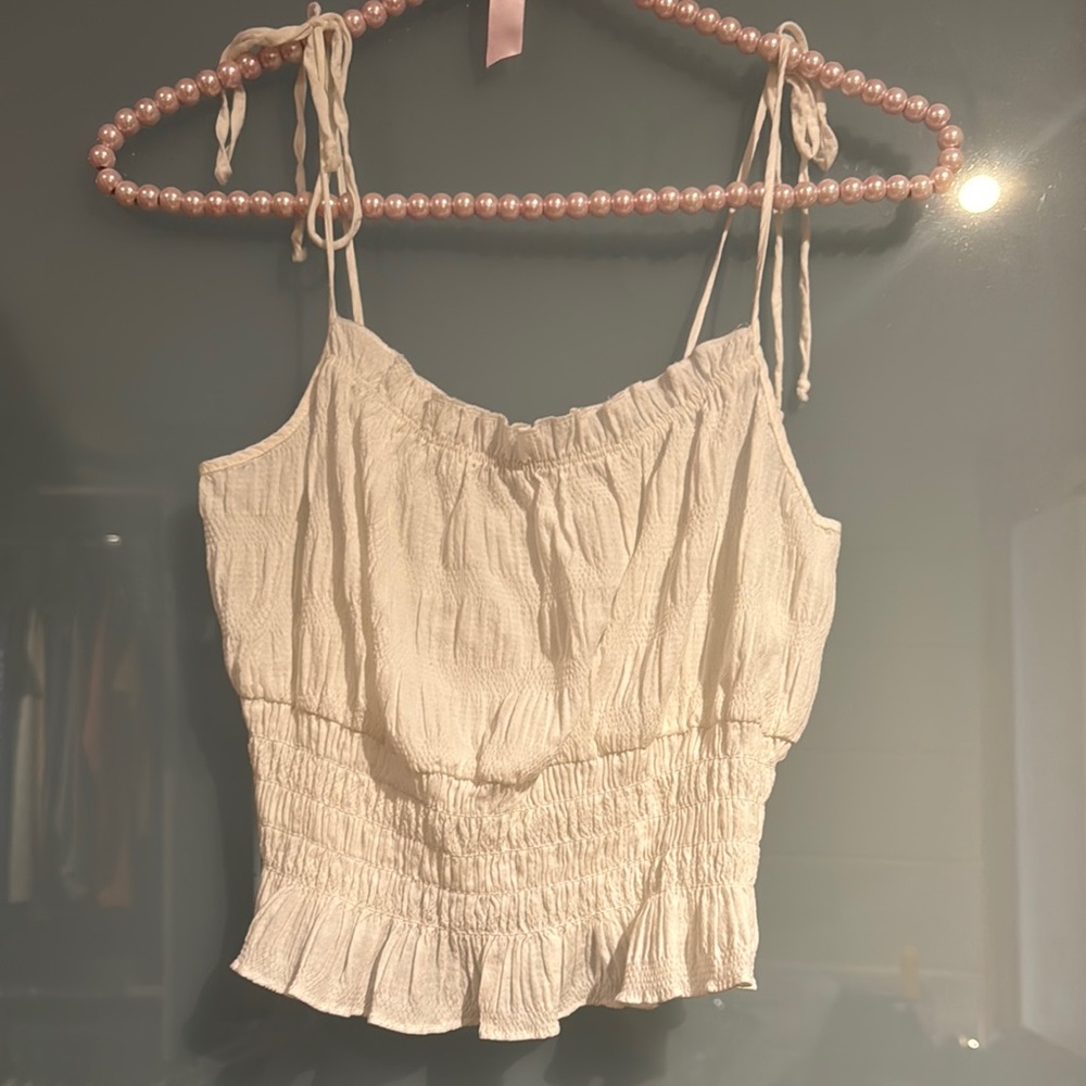 Kendall & Kylie Cream Smocked Tie-Shoulder Cami